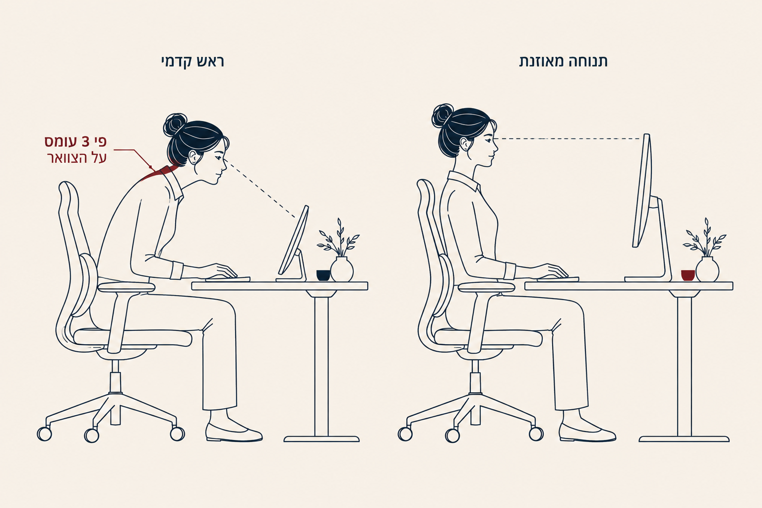 השוואה בין תנוחת ראש קדמי לתנוחה מאוזנת ליד שולחן עבודה